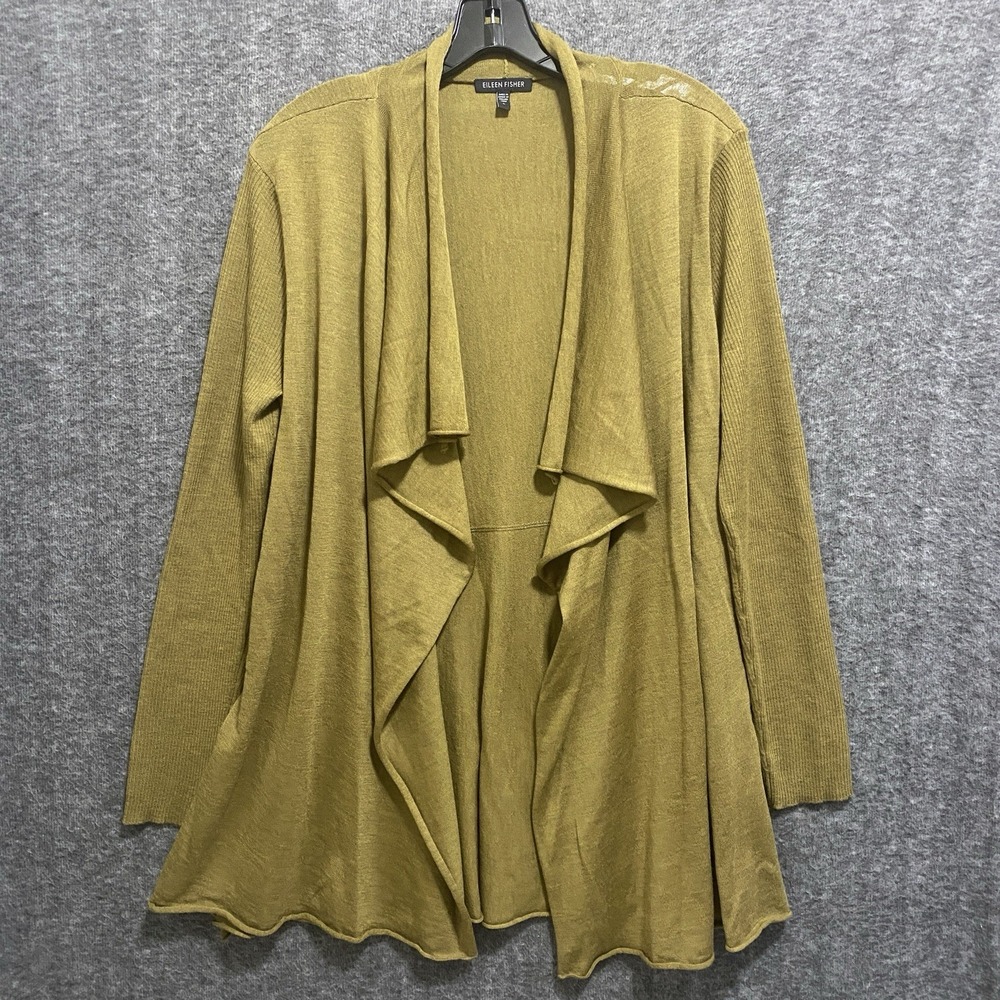 Eileen Fisher Cardigan Sweater Large Green 100% Merino Wool Soft Open Minimalist